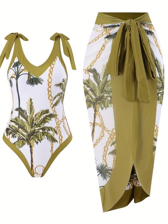 no brand Other - palm & chain print two-piece swimsuit set V-neck top matching skirt S NEW no tag